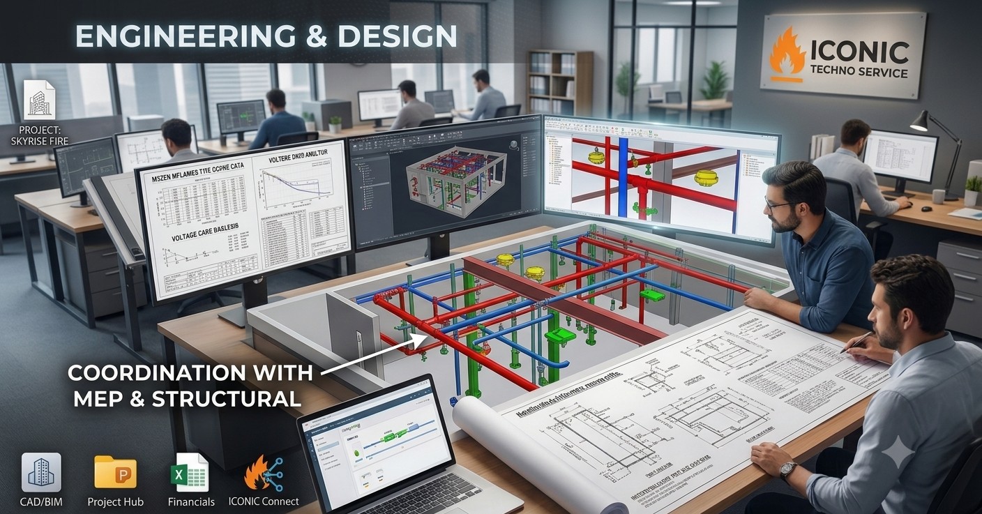 Engineers reviewing CAD/BIM fire system design drawings