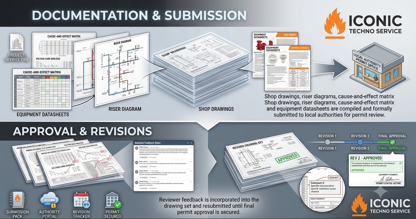 Fire safety shop drawings and permit documentation compiled for submission