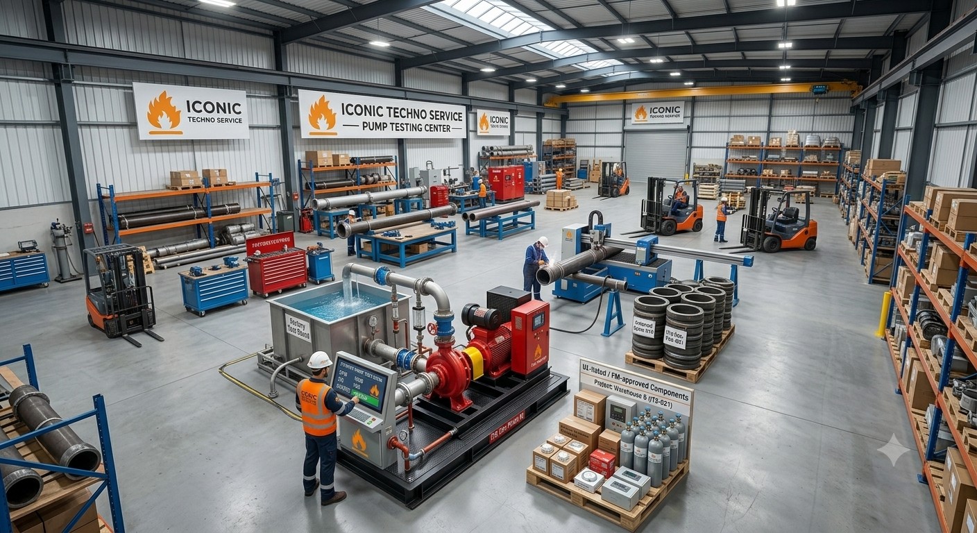 Fire pump testing and equipment staged at the warehouse ahead of installation