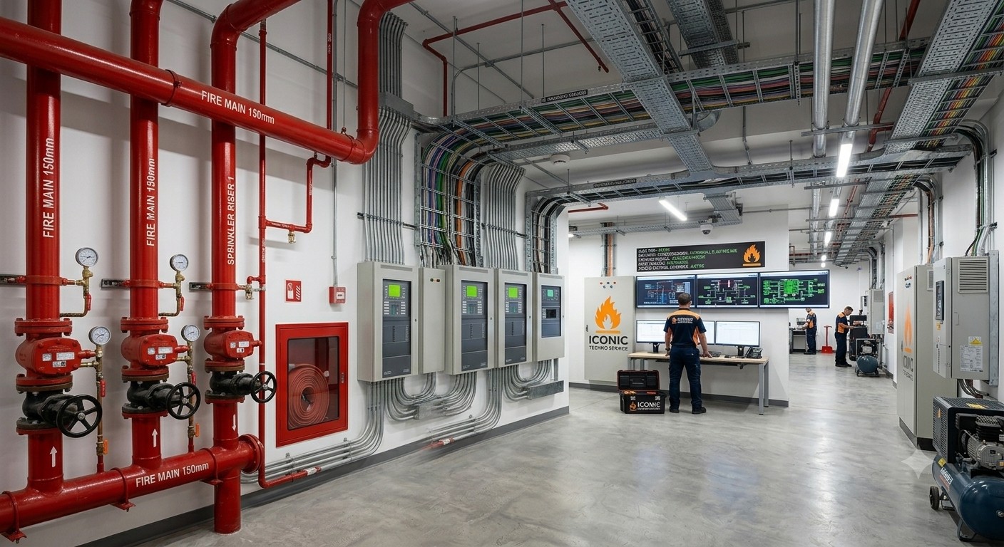 Fire mains, sprinkler risers and fire alarm control panels installed on-site