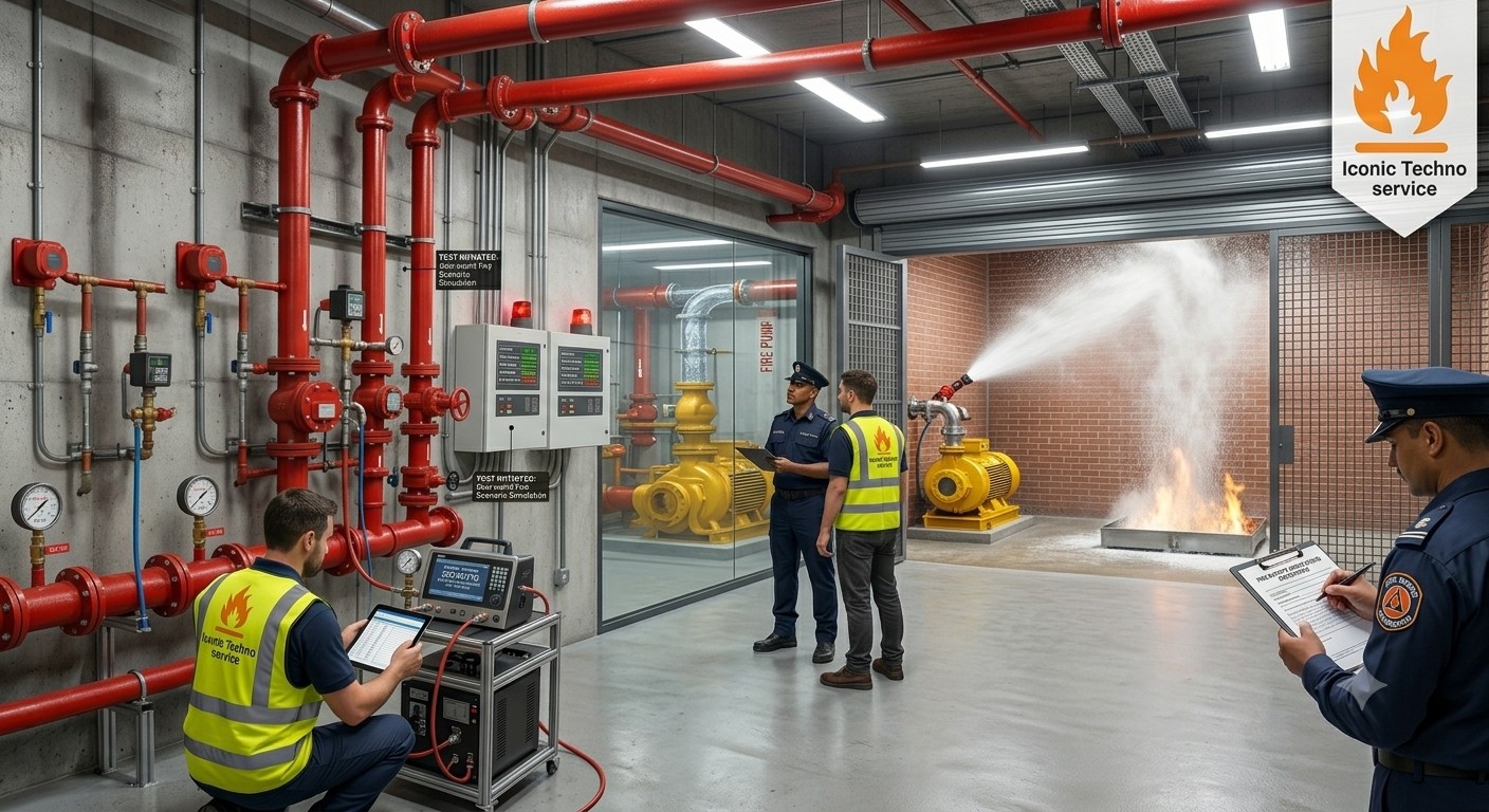 Live fire pump and sprinkler system test being witnessed by officials