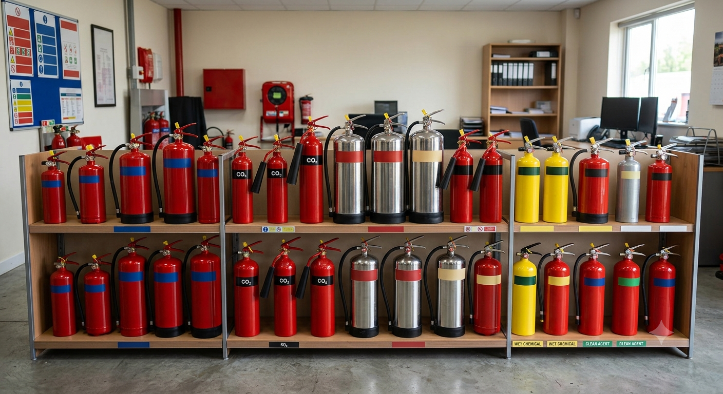 Shelf display of ABC powder, CO2, foam and clean agent fire extinguishers