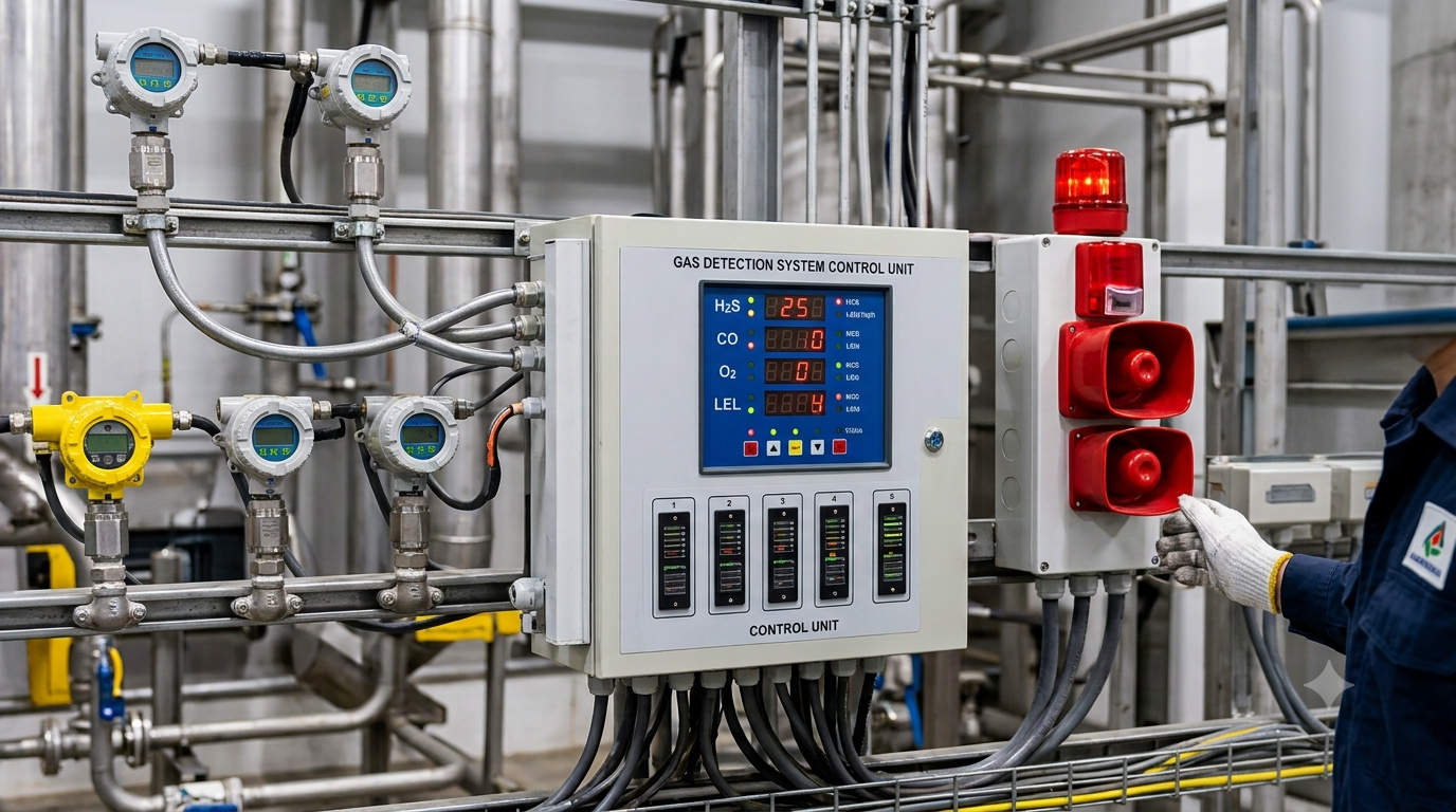 Gas detection system control unit with fixed gas detectors and audible/visual alarms