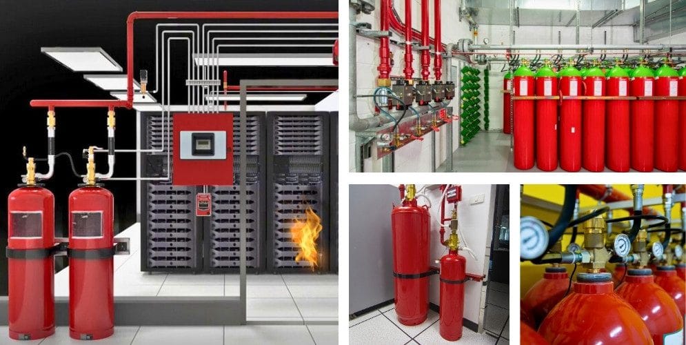 Gas suppression cylinder bank and piping installed in a server room