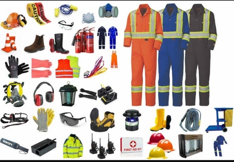 Fire and personal safety equipment — helmets, coveralls, gloves, respirators, safety boots and a first aid kit